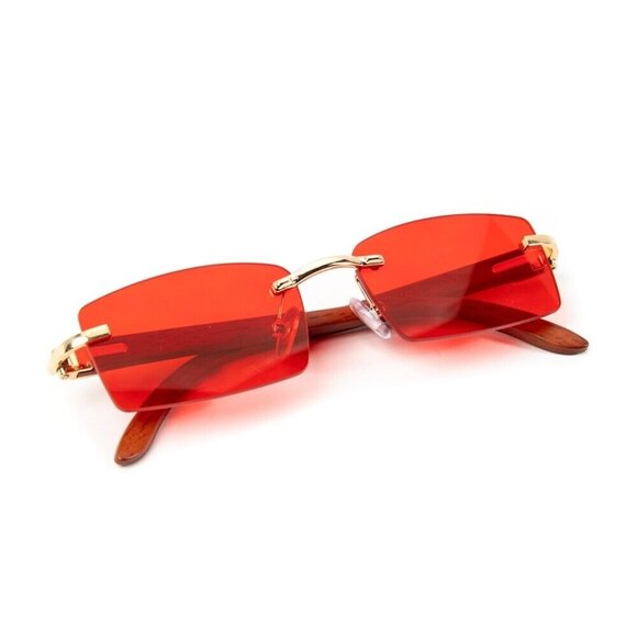 Retro Vintage Rectangle Rimless Gold Frame Red Tint 90s Vintage Sunglasses - Picture 4 of 6
